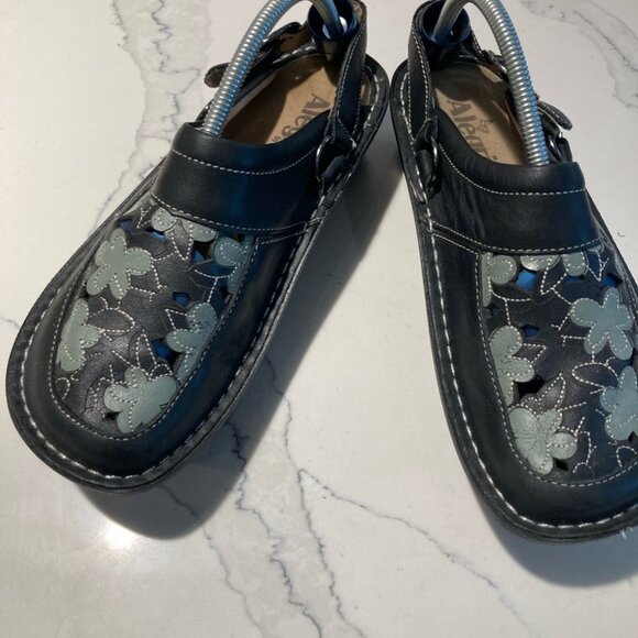 ALEGRIA Sz 36 PG Lite Slide Clog Slingback Black Teal/Gray Floral Cutout Sandals - Picture 2 of 12